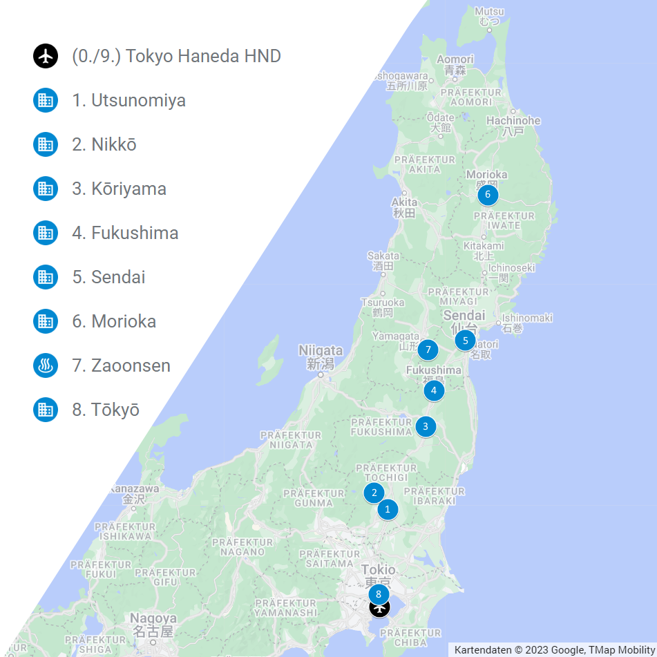 Reiseroute inklusive Haltestellen Japan 2023